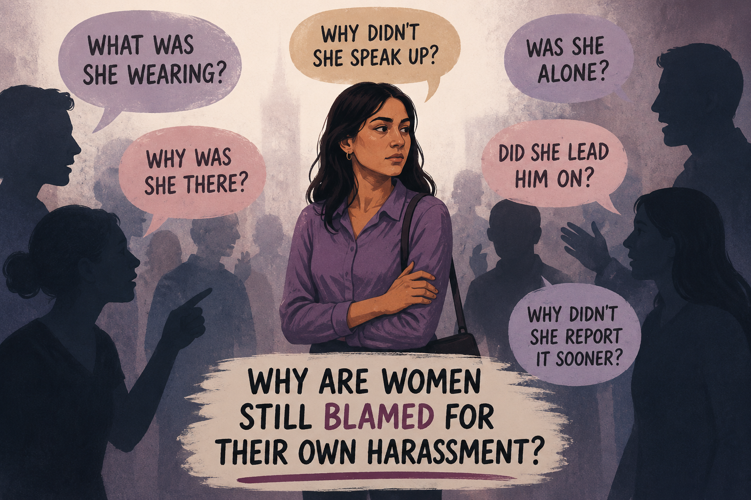 Editorial illustration of a woman surrounded by people questioning her about harassment, highlighting victim-blaming and social judgment.