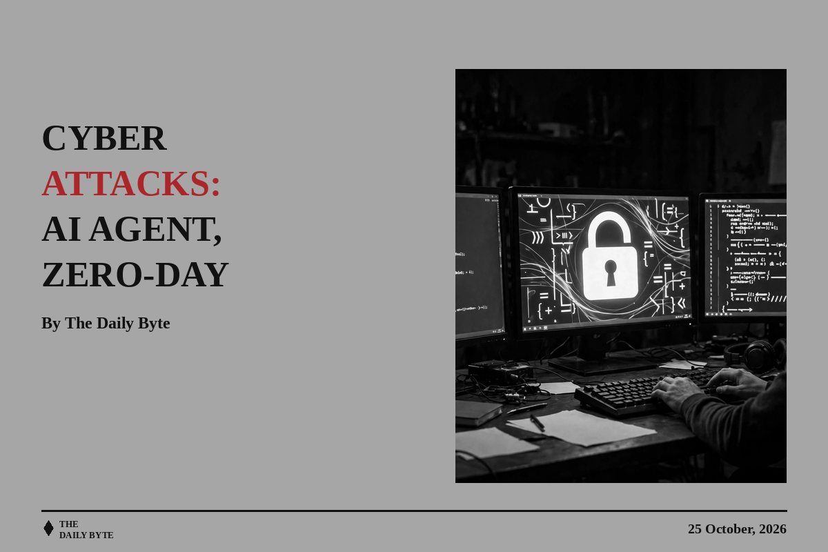 Black-and-white illustration of a person at a computer in a dark room with code on screens and a padlock.