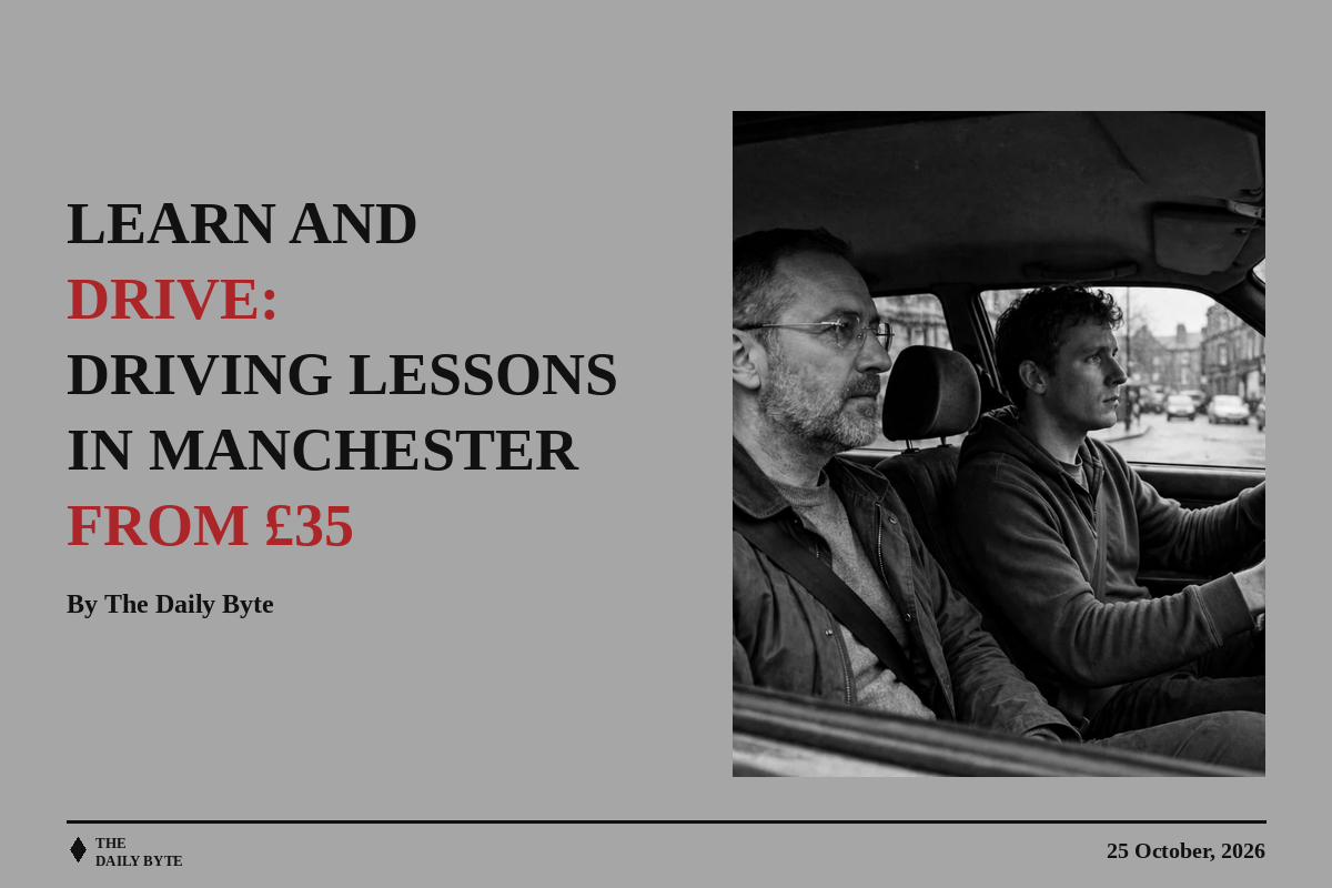 Editorial illustration of a learner driver and instructor in a car in Manchester.