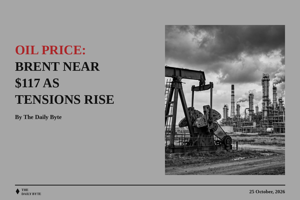 Black-and-white illustration of an oil pumpjack and refinery towers against a cloudy sky.
