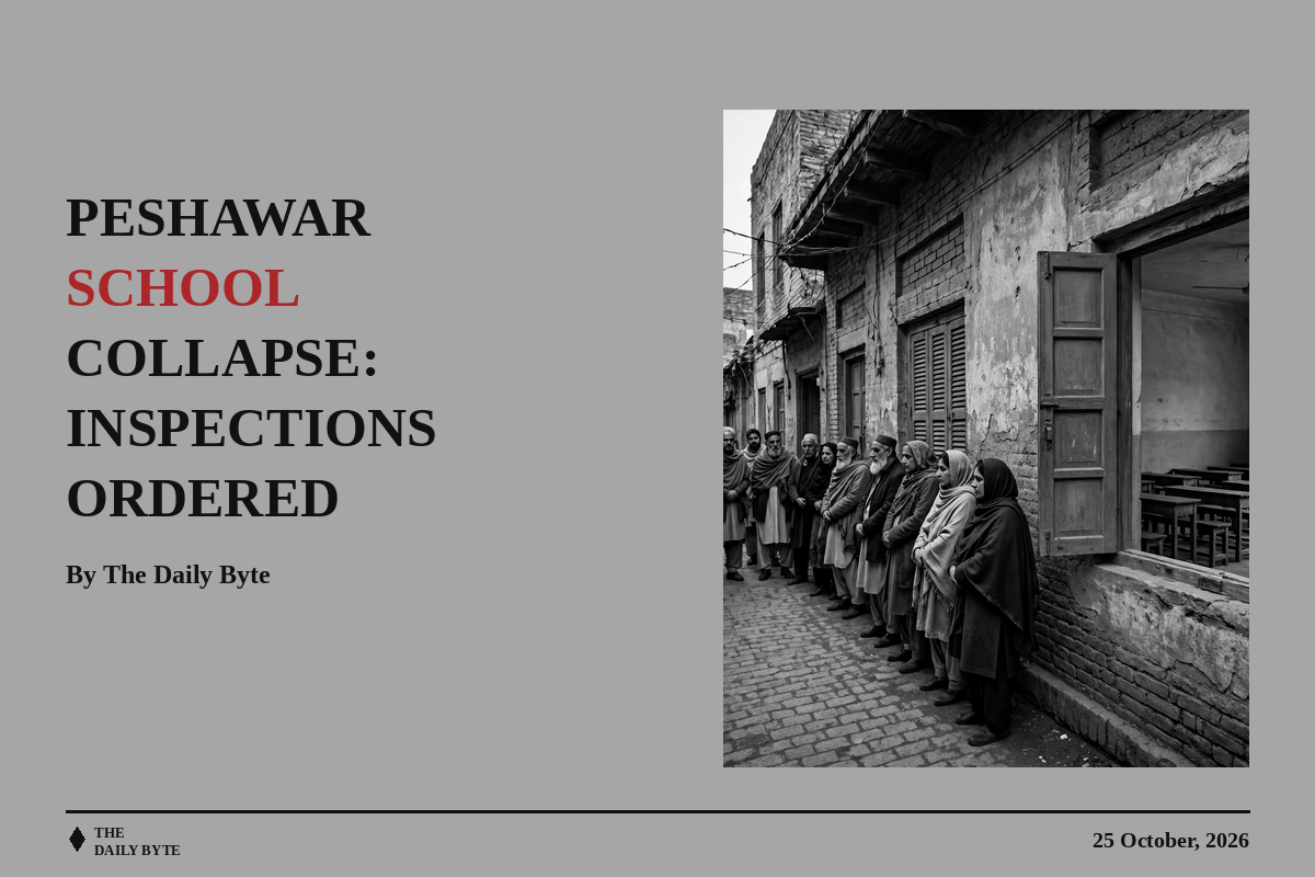 Black-and-white illustration of people gathered respectfully outside a school building in a narrow street in Peshawar.