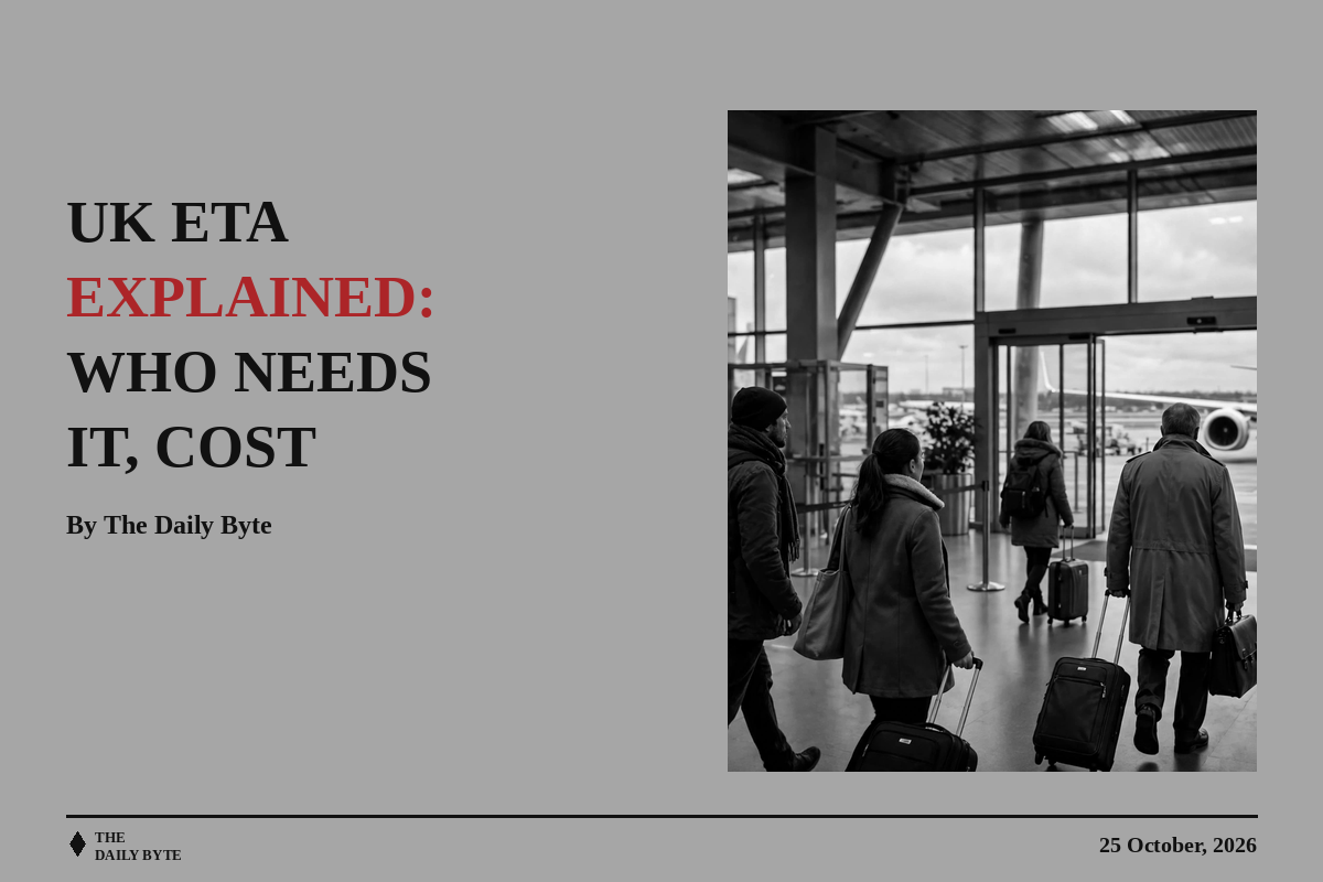Black-and-white illustration of travellers with suitcases in an airport departure hall.