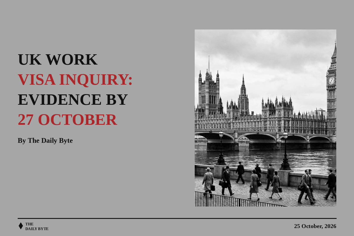 Black-and-white illustration of the Palace of Westminster and people walking to work in London.