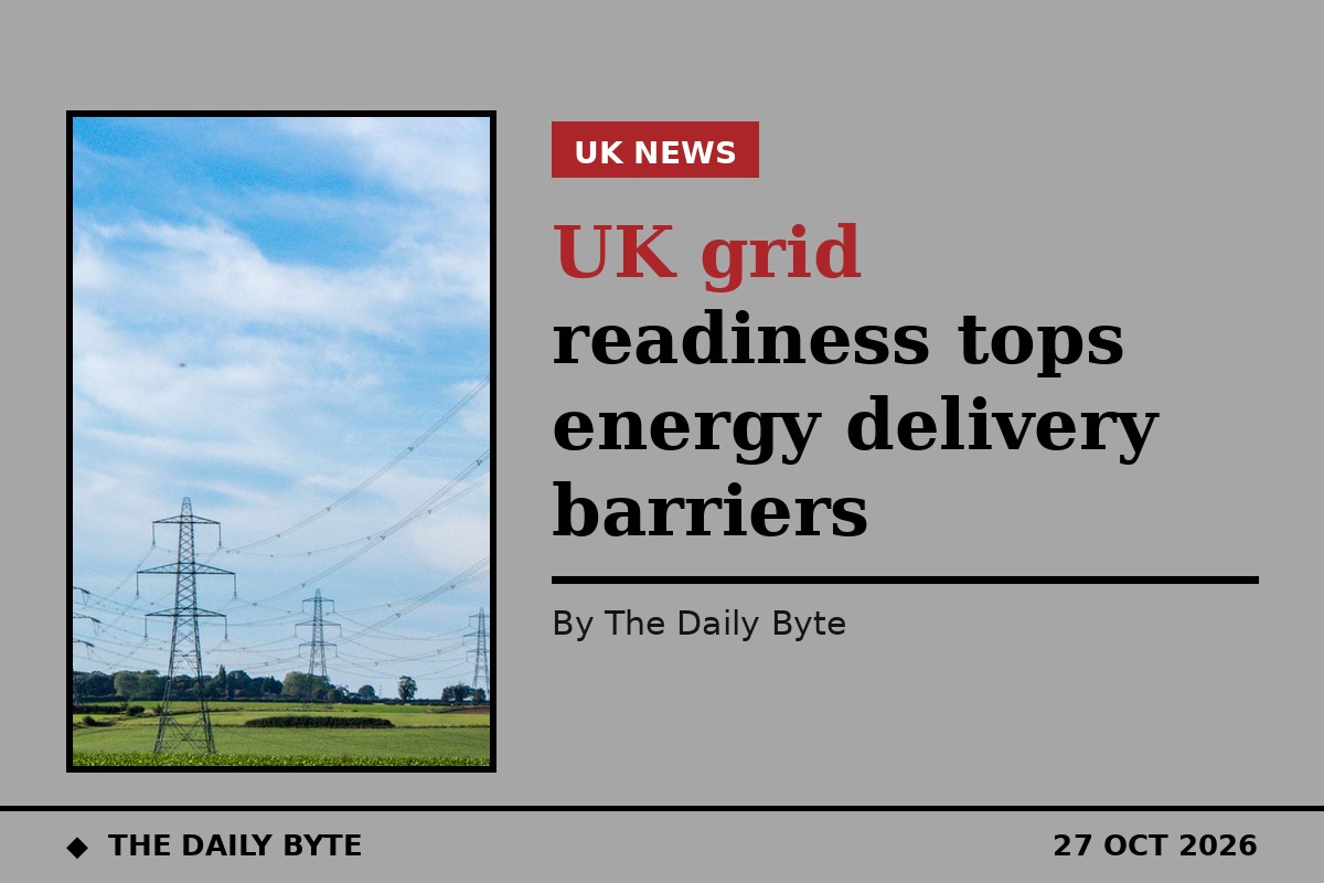 Electricity pylons carrying high-voltage lines across the countryside
