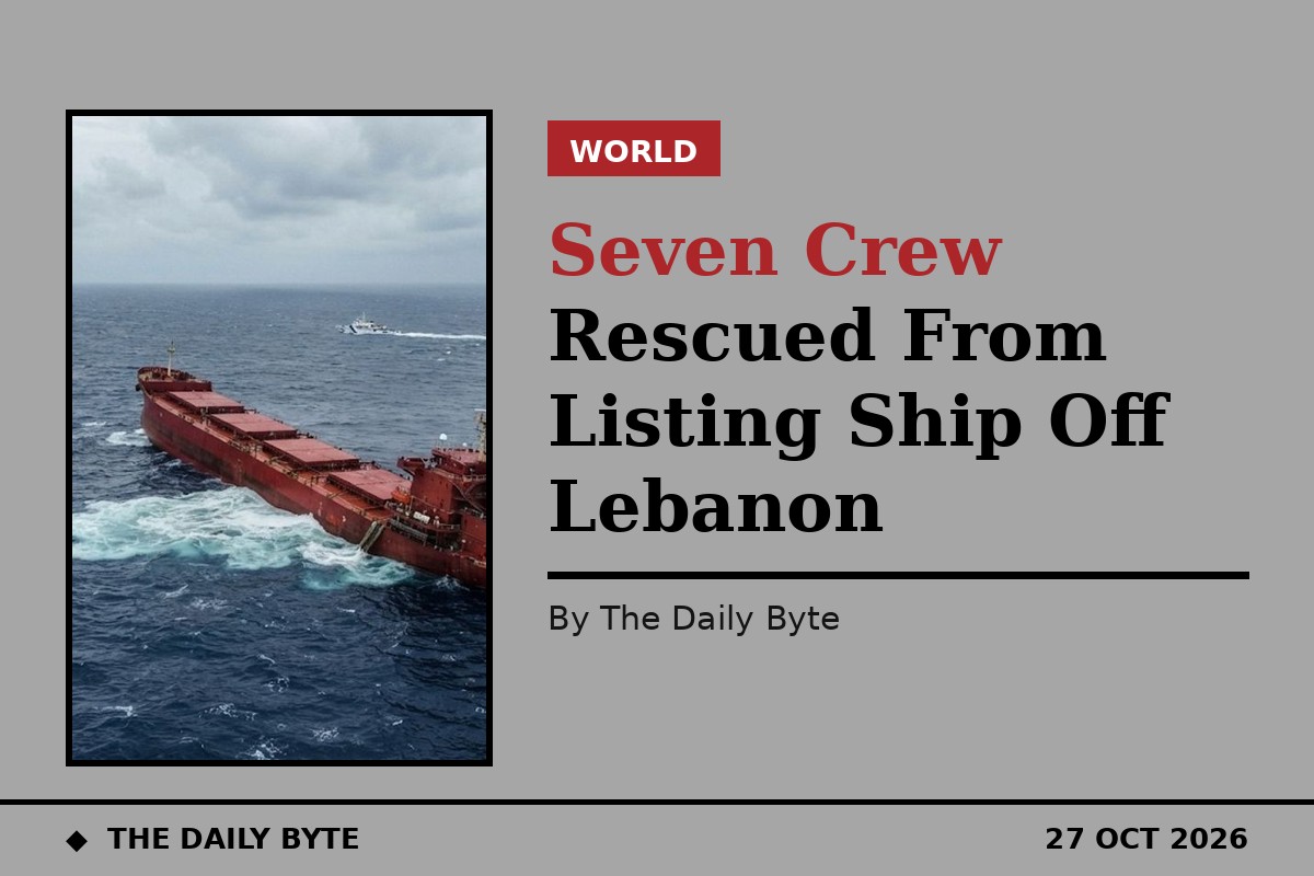 A listing cargo ship at sea with life rafts deployed